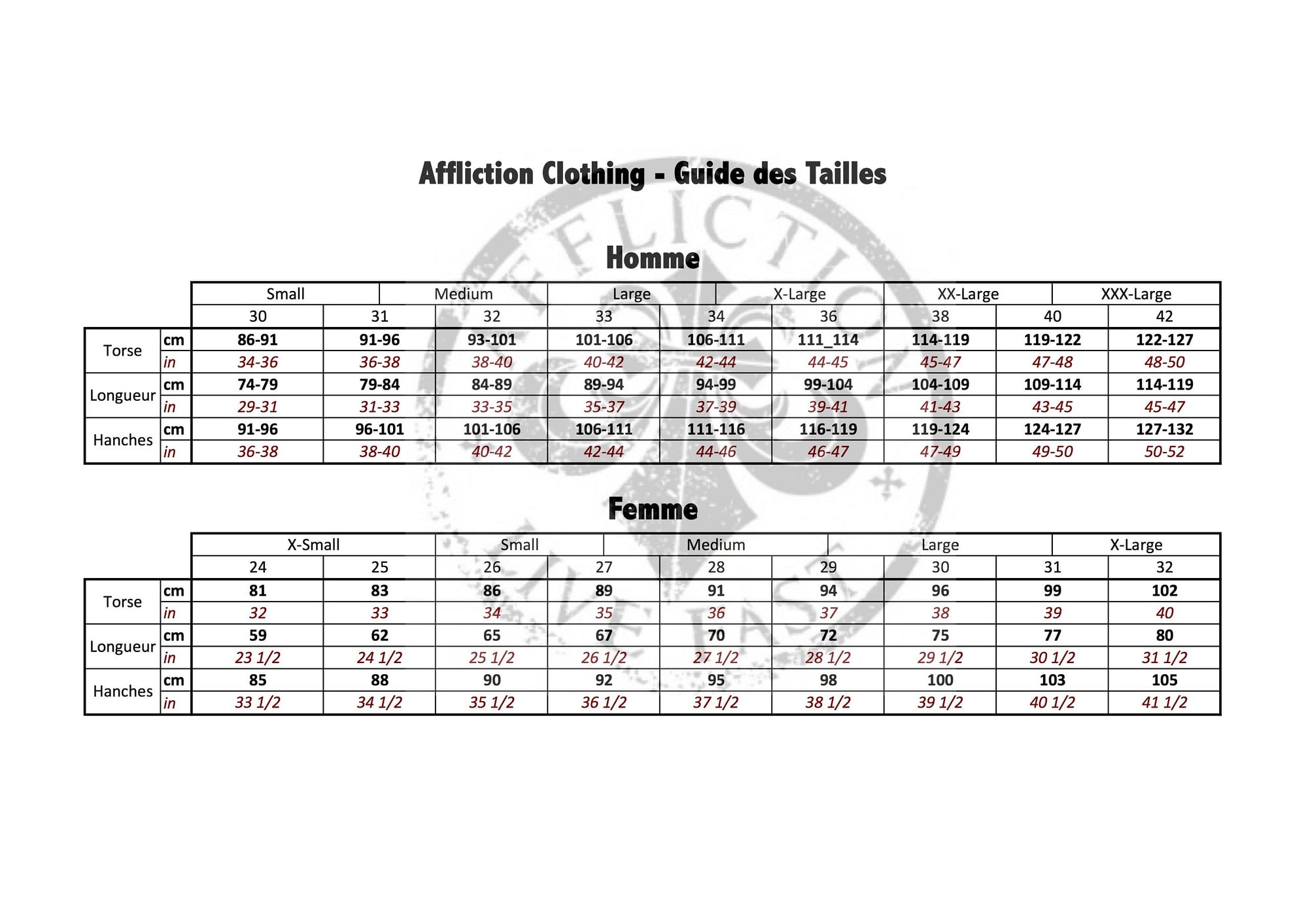 Size charts - Size Guide - Affliction Clothing